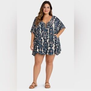 RAISINS CURVE Boho Medallion Print Blue White Hooded Lace Up Swim Cover Up Tunic
